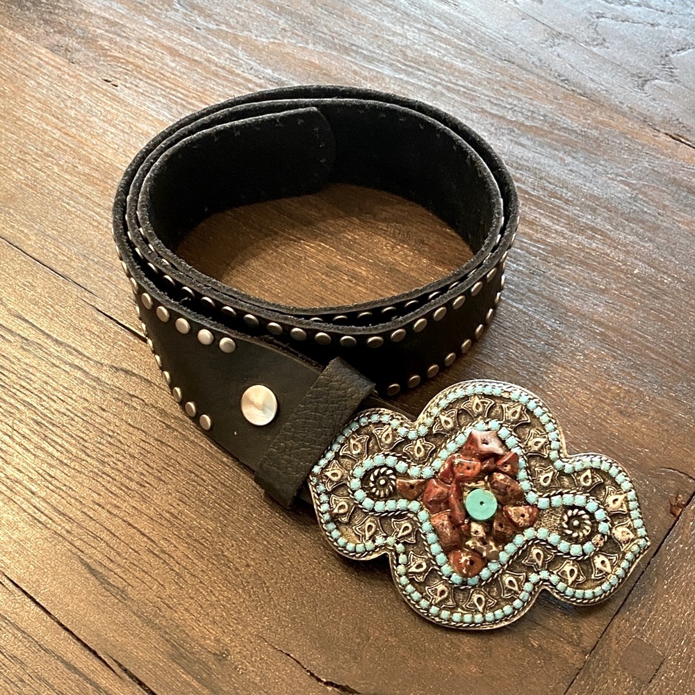 Cache Leather Black and Turquoise & Studded Embellished Belt
